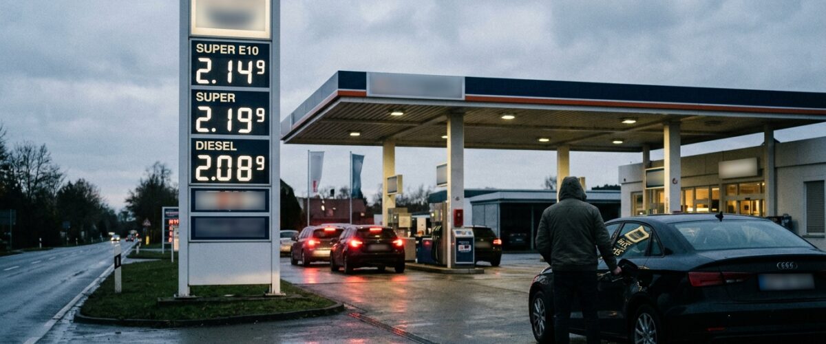 Spritpreise Entlastung: Preisanzeige einer Tankstelle mit hohen Kraftstoffpreisen am Abend