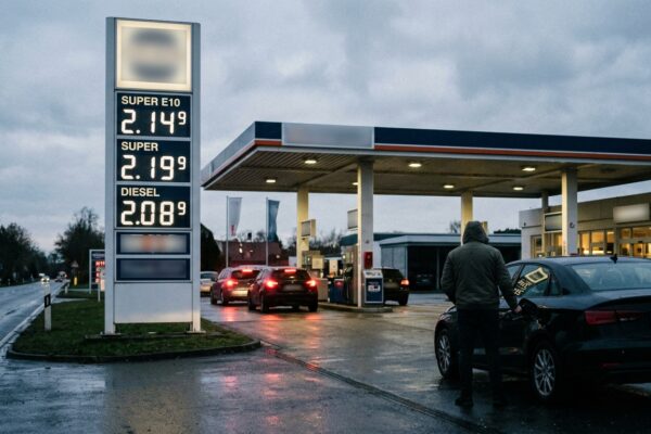 Spritpreise Entlastung: Preisanzeige einer Tankstelle mit hohen Kraftstoffpreisen am Abend