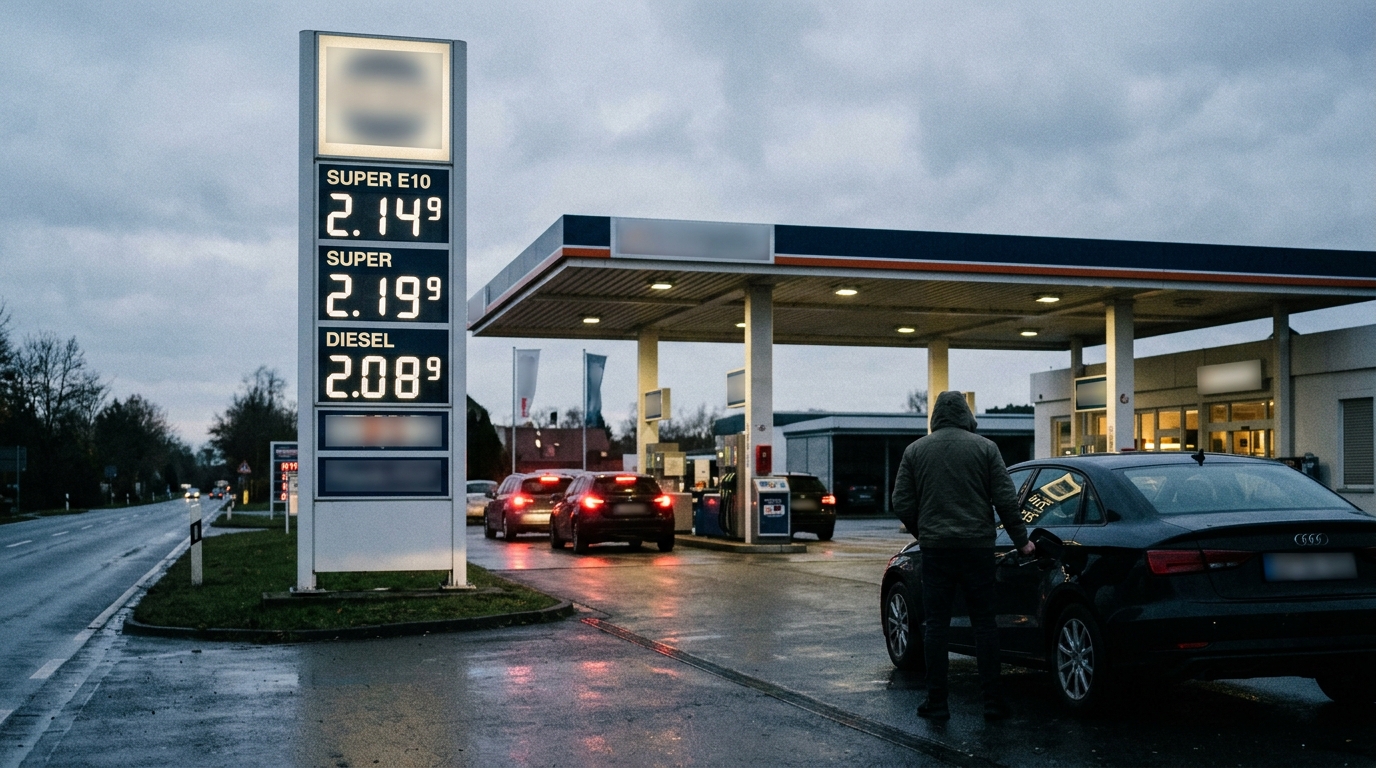 Spritpreise Entlastung: Preisanzeige einer Tankstelle mit hohen Kraftstoffpreisen am Abend