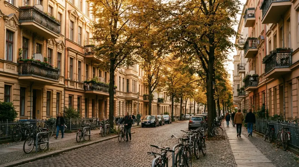 Sonnige Stargarder Straße in Prenzlauer Berg mit restaurierten Gründerzeithäusern und Linden am Gehwegrand.