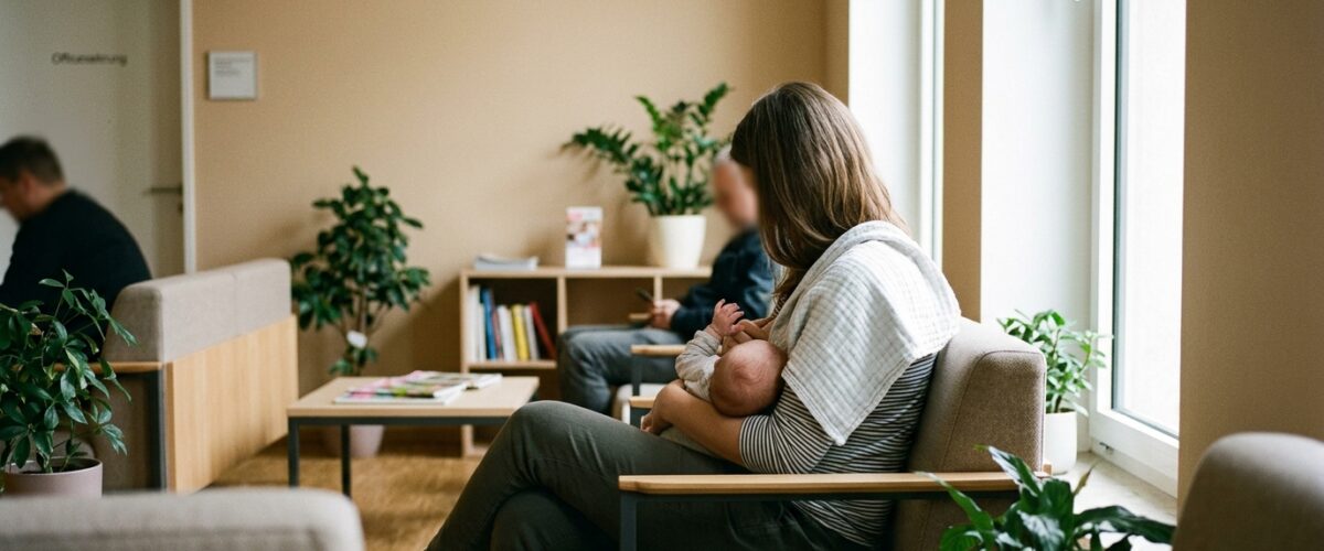 Stillfreundliche Orte Treptow-Köpenick: Mutter stillt ihr Baby in ruhiger, heller Sitzecke einer Berliner Verwaltungsstelle