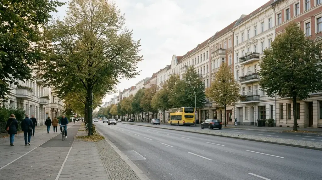 Breiter Hohenzollerndamm mit herbstlichen Straßenbäumen, Wohngebäuden der Moderne und leerem Bürgersteig am Morgen.