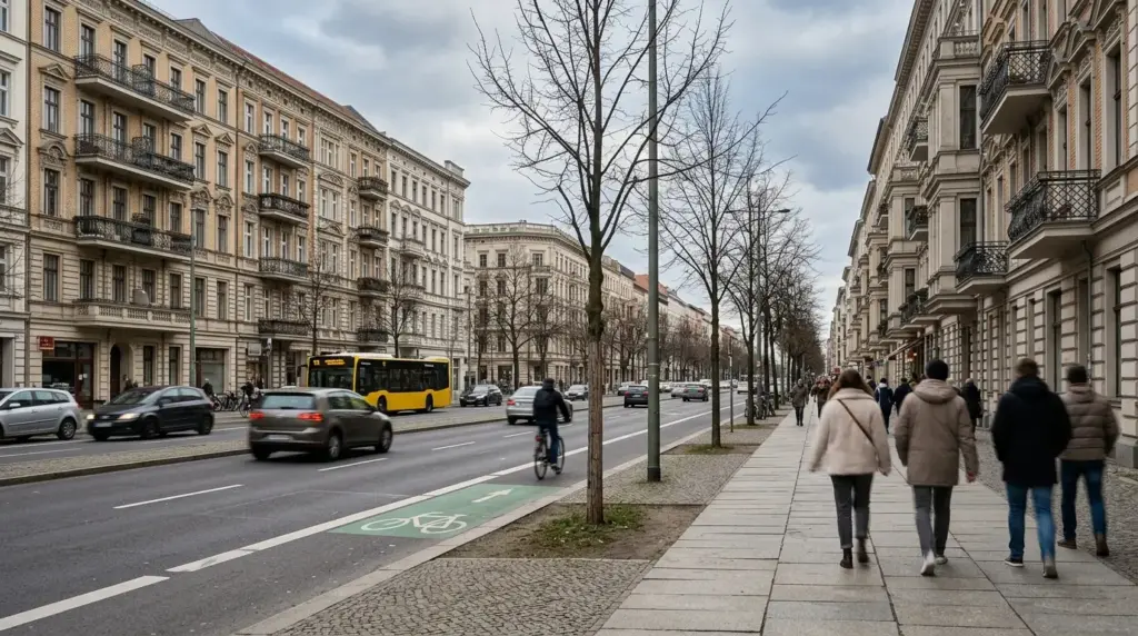Breite Fahrbahn der Karl-Marx-Straße mit hellem Gehweg, jungen Bäumen und mehrgeschossigen Berliner Altbauten.