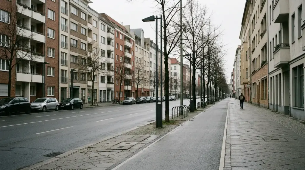 Breite Fahrbahn der Kochstraße in Berlin-Kreuzberg mit mehrstöckigen Geschäftshäusern und Gehwegen an einem bewölkten Tag.