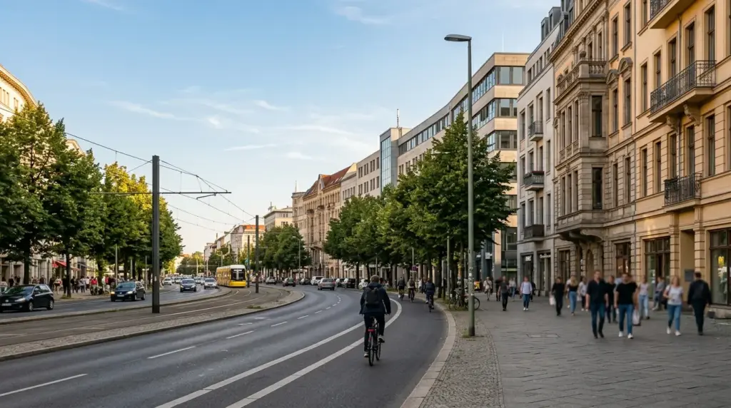 Breite Stresemannstraße mit Altbauten, modernen Bauten und grünen Straßenbäumen im Nachmittagslicht.