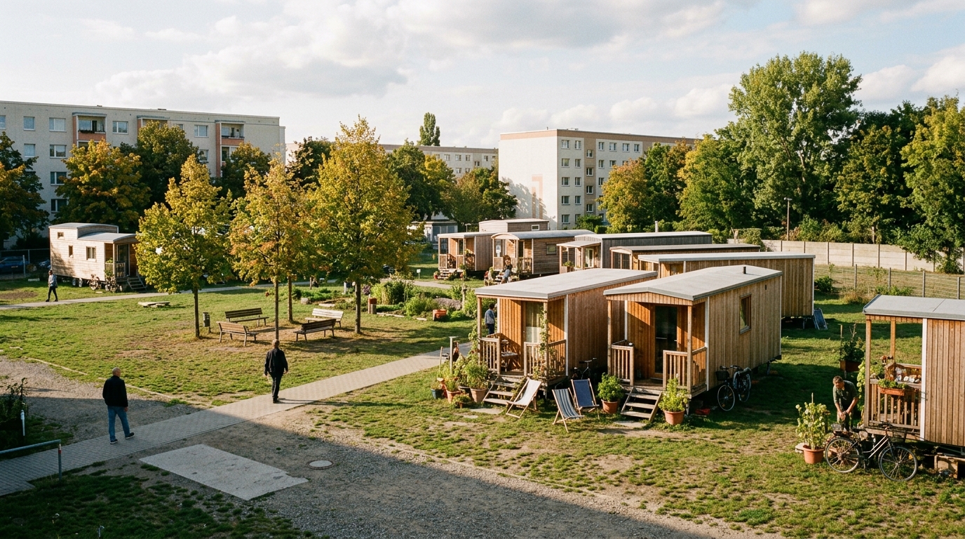 Tiny Houses Reinickendorf: Mobile Tiny-House-Anhänger auf dem Gelände einer Gemeinschaftsunterkunft in Berlin-Reinickendorf am Nachmittag, September 2026