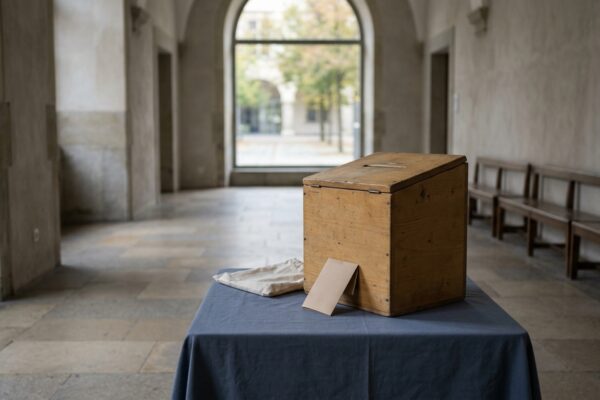 U16-Aktionswoche Berlinwahl: Jugendliche geben im Rathaus Spandau symbolisch ihre Stimme an einer Wahlurne ab, September 2026