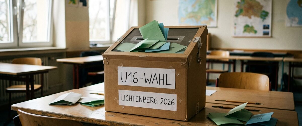 U16-Wahl Lichtenberg: Wahlurne mit Stimmzetteln in einem Berliner Klassenzimmer, symbolische Jugendwahl 2026, ohne Personen