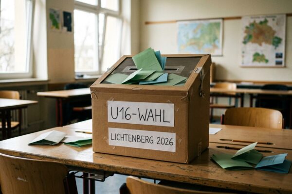 U16-Wahl Lichtenberg: Wahlurne mit Stimmzetteln in einem Berliner Klassenzimmer, symbolische Jugendwahl 2026, ohne Personen