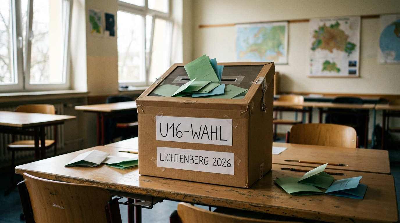 U16-Wahl Lichtenberg: Wahlurne mit Stimmzetteln in einem Berliner Klassenzimmer, symbolische Jugendwahl 2026, ohne Personen