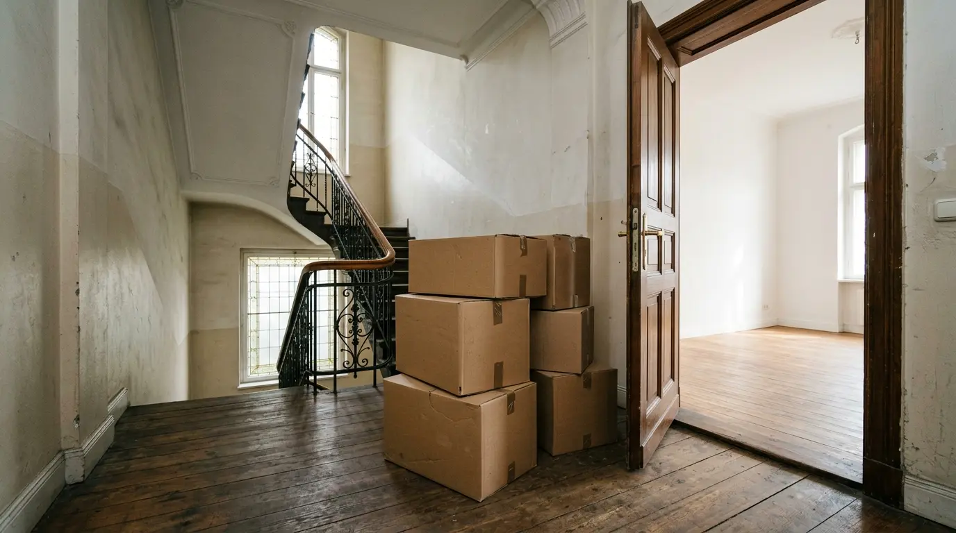 Braune Umzugskartons vor einer offenen Wohnungstür im Altbautreppenhaus beim Ummelden in Berlin.