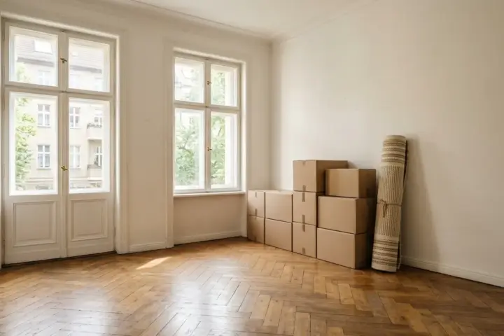Gestapelte neutrale Umzugskartons und ein aufgerollter Teppich auf Parkettboden in einem leeren Berliner Altbauzimmer.