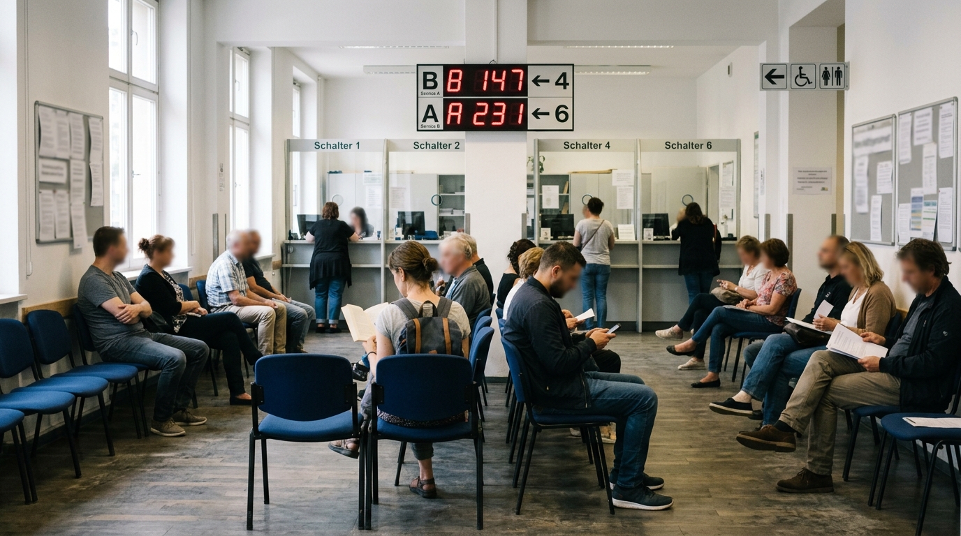 Verwaltungsreform Berlin: Wartebereich eines Berliner Bürgeramts mit Nummernanzeige