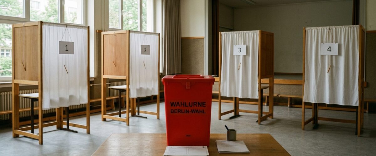 Wahlberechtigte Berlin-Wahl 2026: Leerer Wahlraum mit Wahlkabinen und roter Wahlurne vor der Abstimmung