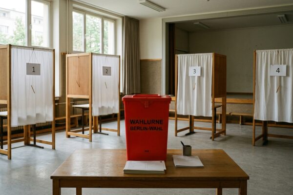Wahlberechtigte Berlin-Wahl 2026: Leerer Wahlraum mit Wahlkabinen und roter Wahlurne vor der Abstimmung