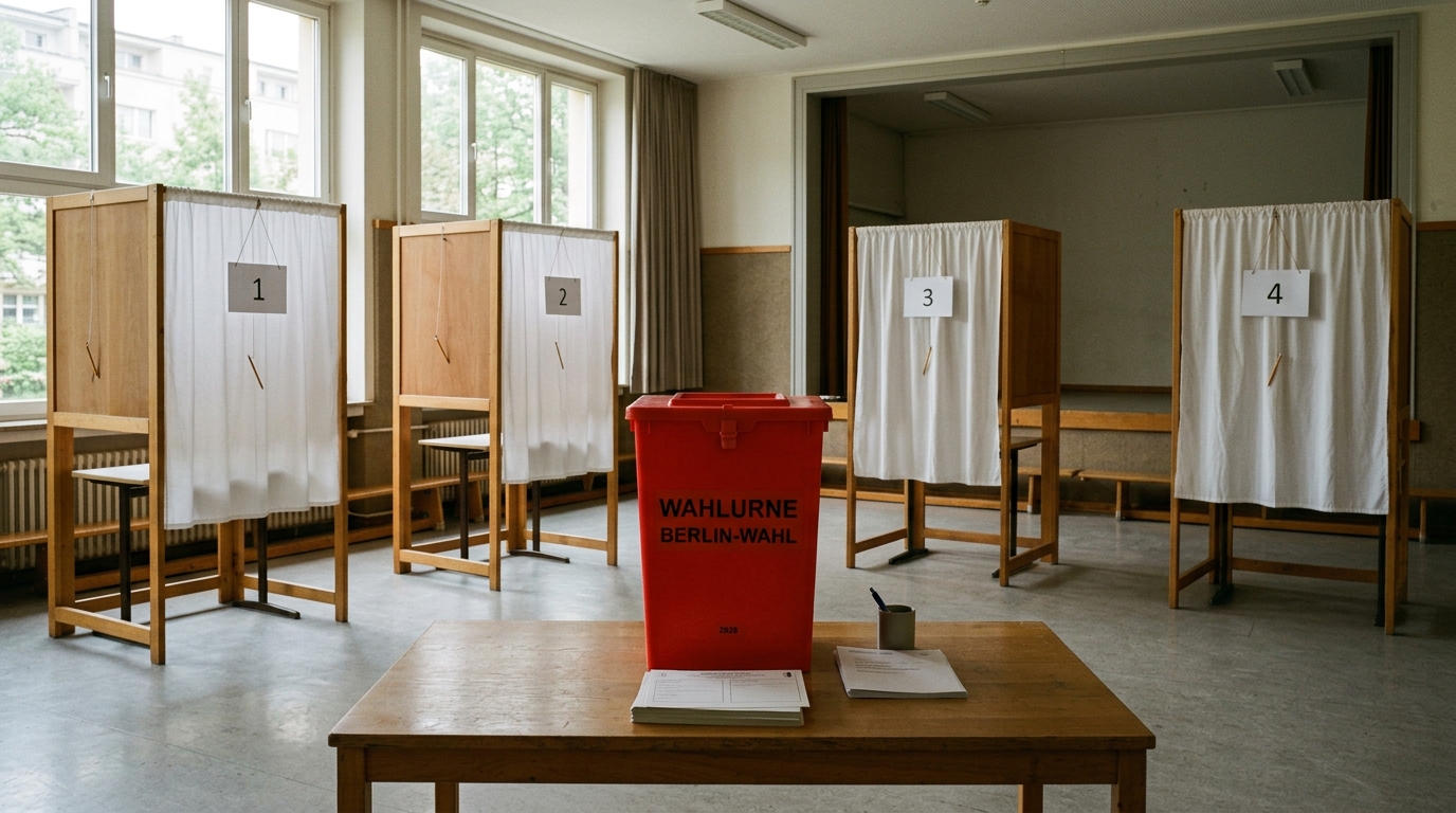 Wahlberechtigte Berlin-Wahl 2026: Leerer Wahlraum mit Wahlkabinen und roter Wahlurne vor der Abstimmung