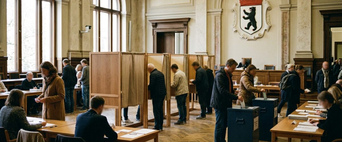 Wahlbeteiligung Berlin-Wahl 2026: Wahllokal mit Wahlkabinen und Berliner Bärenwappen im Abgeordnetenhaus, Symbolbild zum Wahltag im September 2026