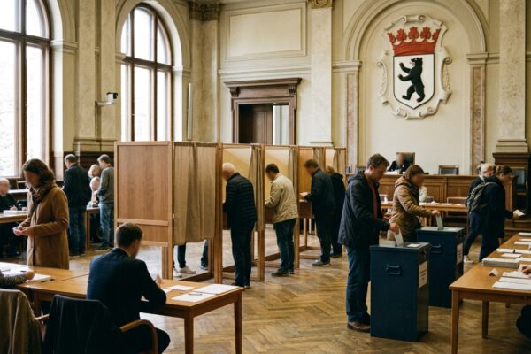 Wahlbeteiligung Berlin-Wahl 2026: Wahllokal mit Wahlkabinen und Berliner Bärenwappen im Abgeordnetenhaus, Symbolbild zum Wahltag im September 2026