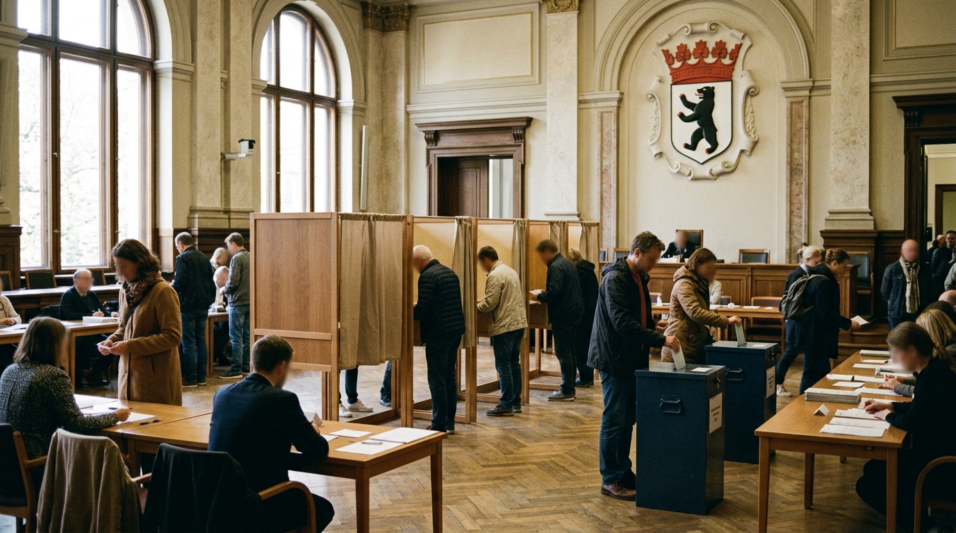 Wahlbeteiligung Berlin-Wahl 2026: Wahllokal mit Wahlkabinen und Berliner Bärenwappen im Abgeordnetenhaus, Symbolbild zum Wahltag im September 2026