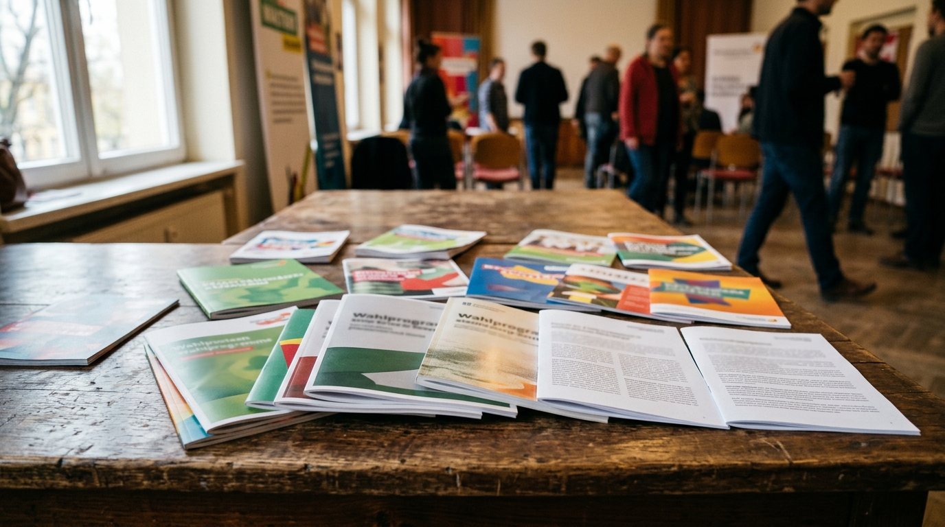 Wahlprogramme Berlin: Gedruckte Wahlprogramme der Parteien auf einem Tisch