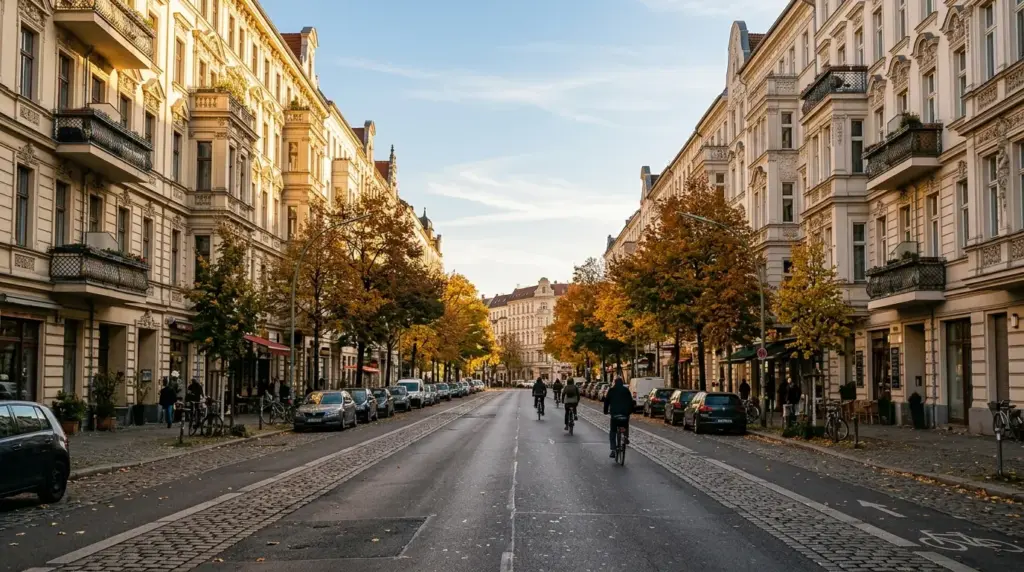 Radfahrer fahren auf dem glatten Asphalt der herbstlichen Weserstraße zwischen typischen Berliner Altbaufassaden.