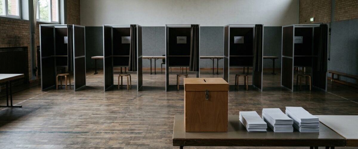 Wiederholungswahl Berlin Auszählung: leerer Wahlraum mit aufgereihten Wahlkabinen, Wahlurne und Stimmzettelstapeln, menschenleer, ohne Personen und ohne Parteilogos
