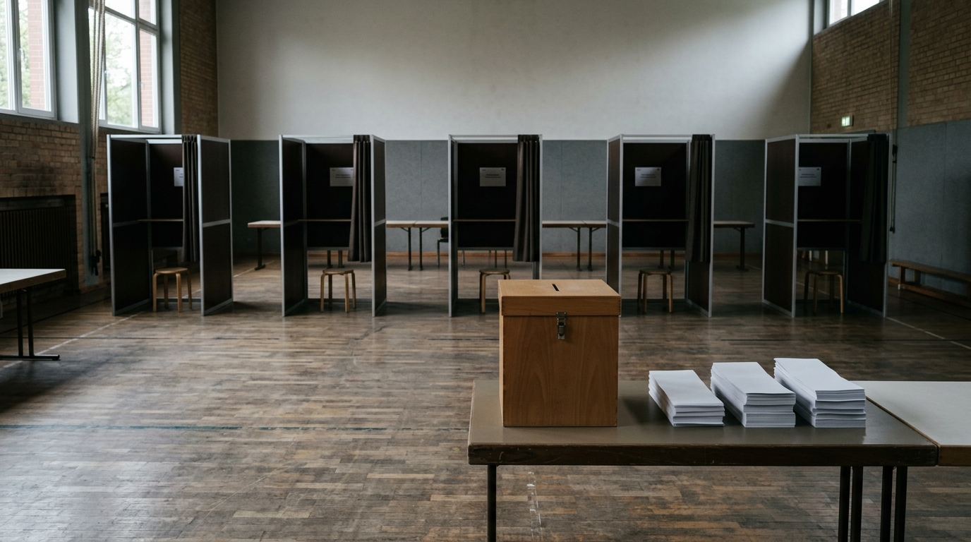 Wiederholungswahl Berlin Auszählung: leerer Wahlraum mit aufgereihten Wahlkabinen, Wahlurne und Stimmzettelstapeln, menschenleer, ohne Personen und ohne Parteilogos