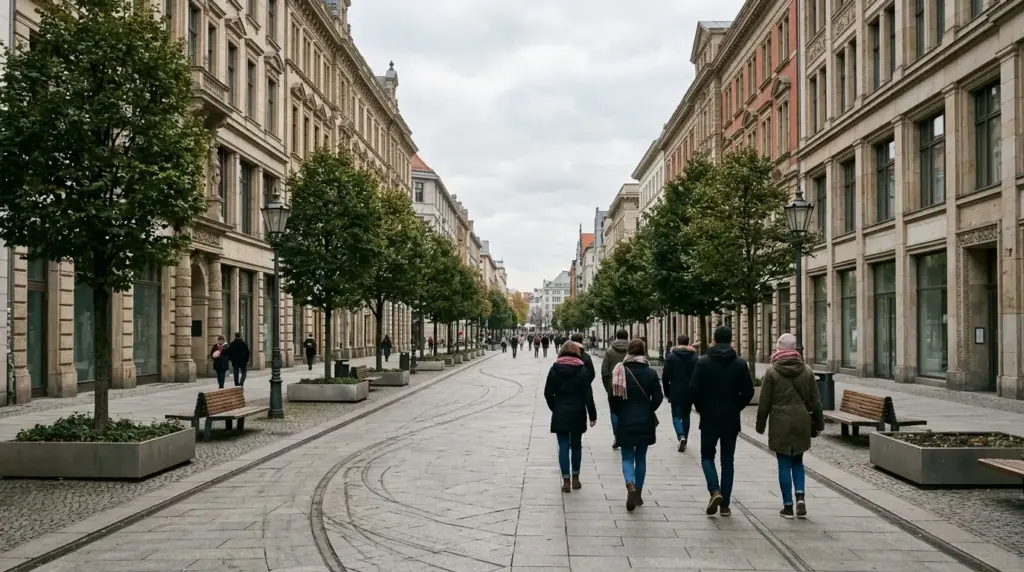 Breite Fußgängerzone der Wilmersdorfer Straße mit Pflastersteinen, Bäumen und Passanten von hinten.