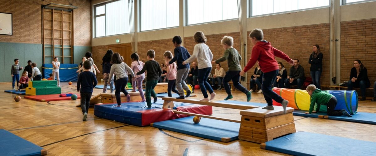 Winter-Spiel-Plätze Spandau: Kinder bewegen sich gemeinsam in einer Sporthalle an einem Herbstsonntag
