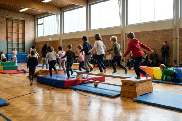 Winter-Spiel-Plätze Spandau: Kinder bewegen sich gemeinsam in einer Sporthalle an einem Herbstsonntag