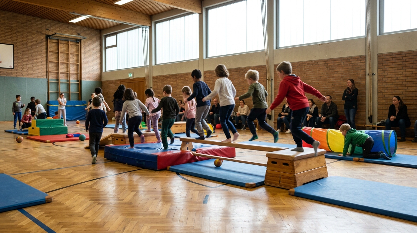 Winter-Spiel-Plätze Spandau: Kinder bewegen sich gemeinsam in einer Sporthalle an einem Herbstsonntag