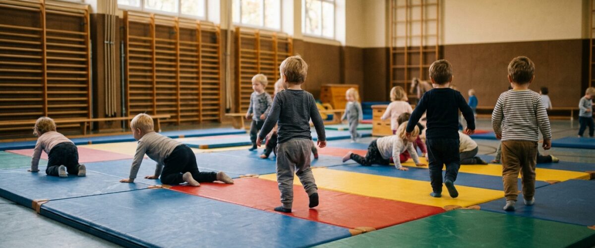 Winterspielplätze Tempelhof-Schöneberg: Kleinkinder toben in einer Sporthalle auf bunten Turnmatten, Herbstlicht durch die Fenster