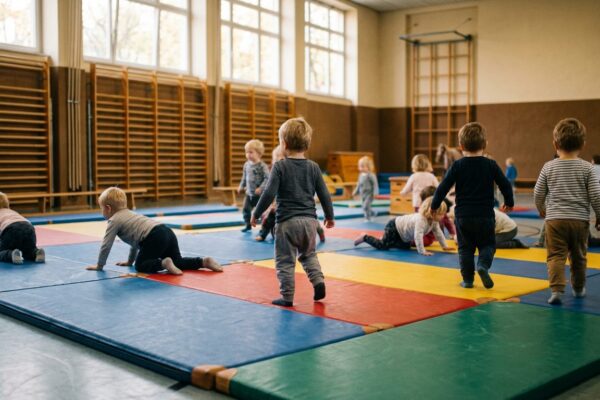 Winterspielplätze Tempelhof-Schöneberg: Kleinkinder toben in einer Sporthalle auf bunten Turnmatten, Herbstlicht durch die Fenster