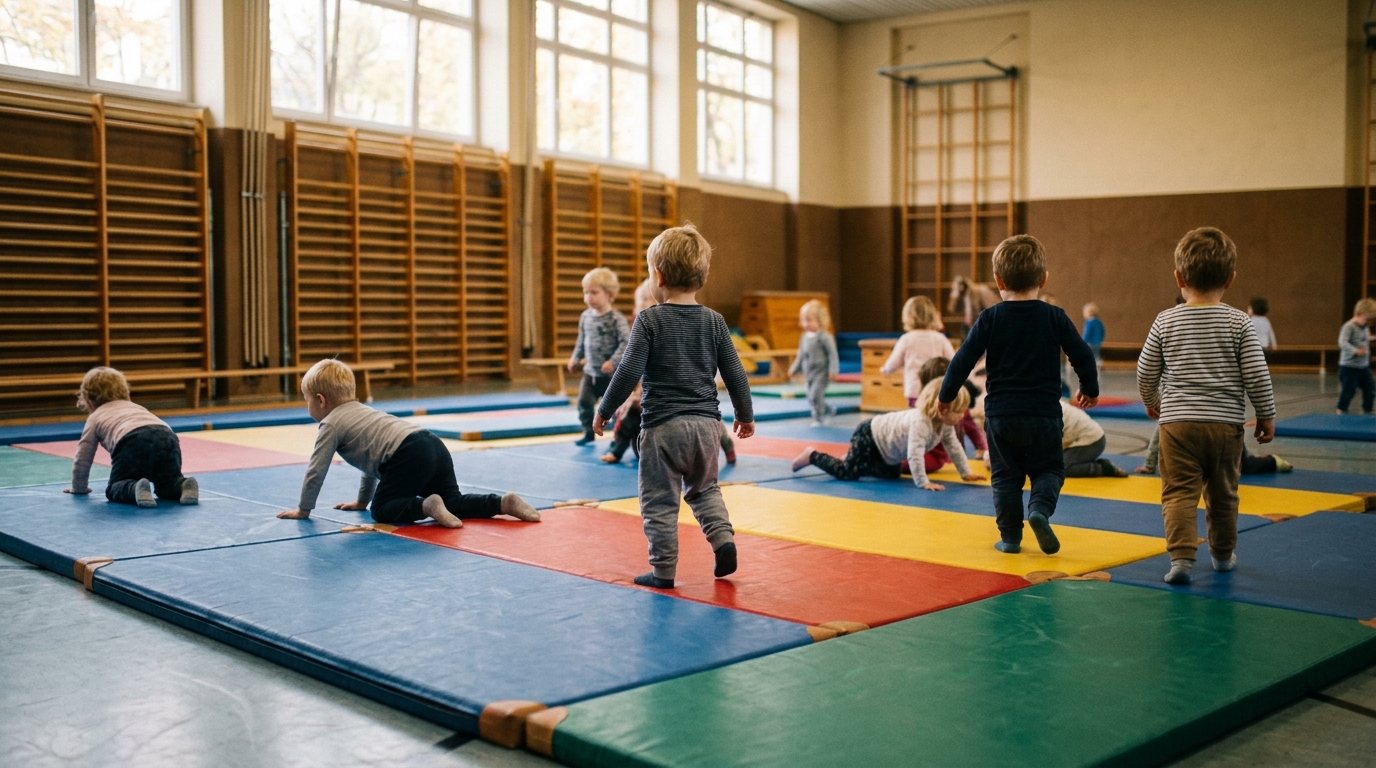 Winterspielplätze Tempelhof-Schöneberg: Kleinkinder toben in einer Sporthalle auf bunten Turnmatten, Herbstlicht durch die Fenster