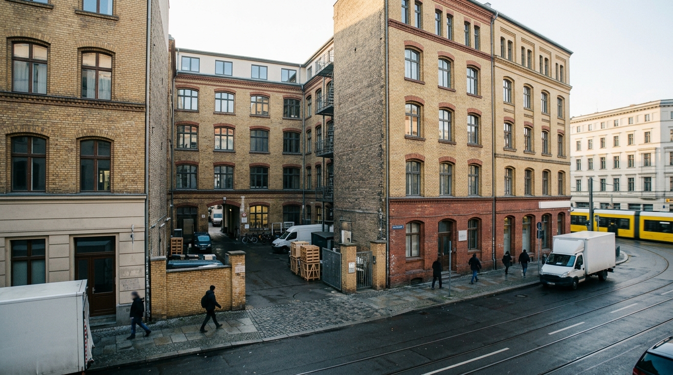 Wirtschaftspolitik Berlin: Bürogebäude und Gewerbehöfe im Berliner Stadtzentrum am Morgen