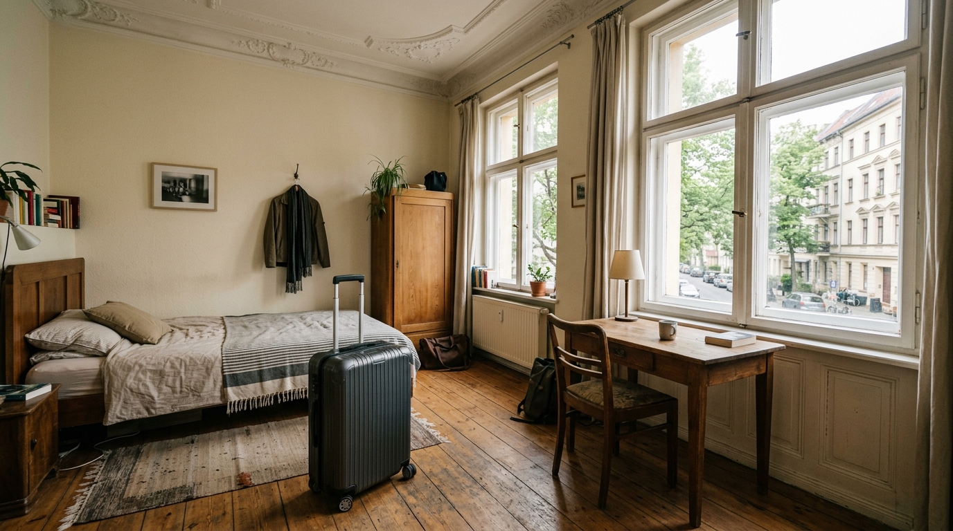 Wohnen auf Zeit: möbliertes Zimmer in einem Berliner Altbau mit Rollkoffer und Fenster zur Straße, ohne Menschen