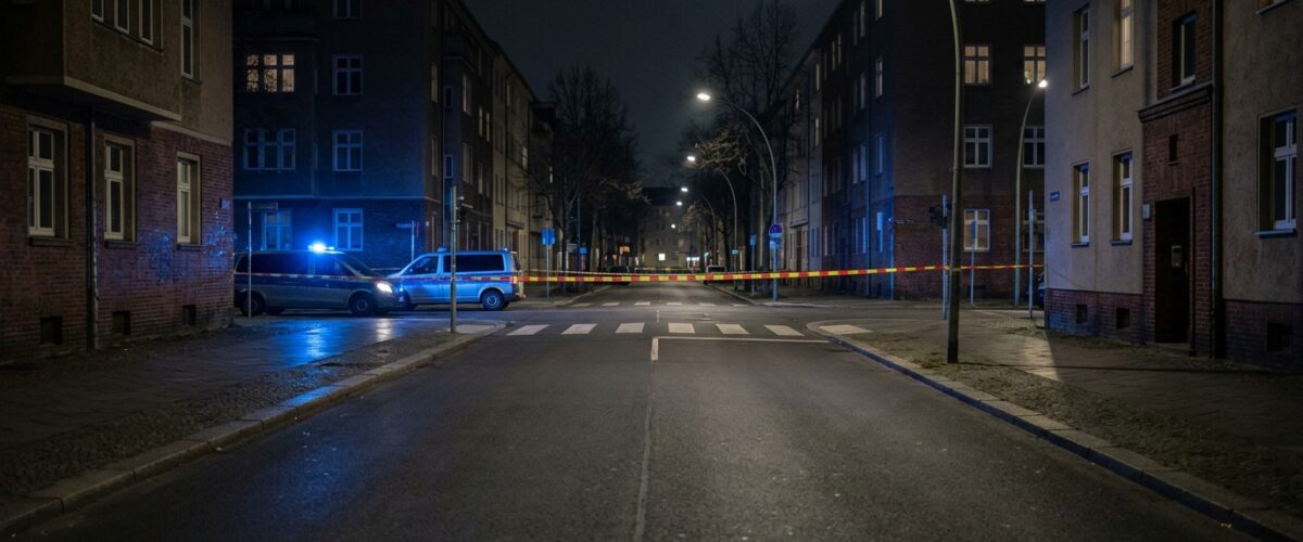 Wohnungsdurchsuchung Spandau: Blaulicht und Absperrband bei Nacht an einer menschenleeren Berliner Straße, saubere leere Fahrbahn ohne Gegenstände und ohne Spuren