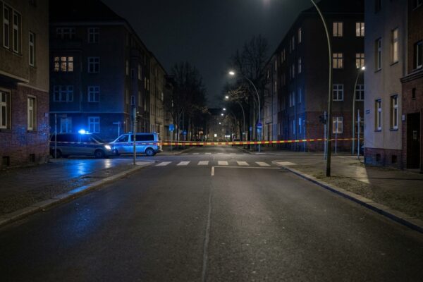 Wohnungsdurchsuchung Spandau: Blaulicht und Absperrband bei Nacht an einer menschenleeren Berliner Straße, saubere leere Fahrbahn ohne Gegenstände und ohne Spuren