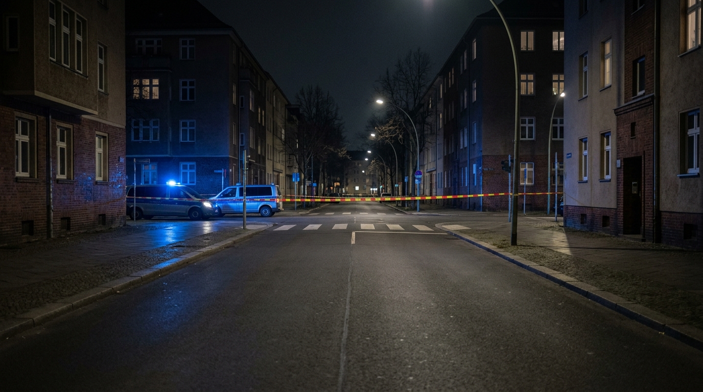 Wohnungsdurchsuchung Spandau: Blaulicht und Absperrband bei Nacht an einer menschenleeren Berliner Straße, saubere leere Fahrbahn ohne Gegenstände und ohne Spuren