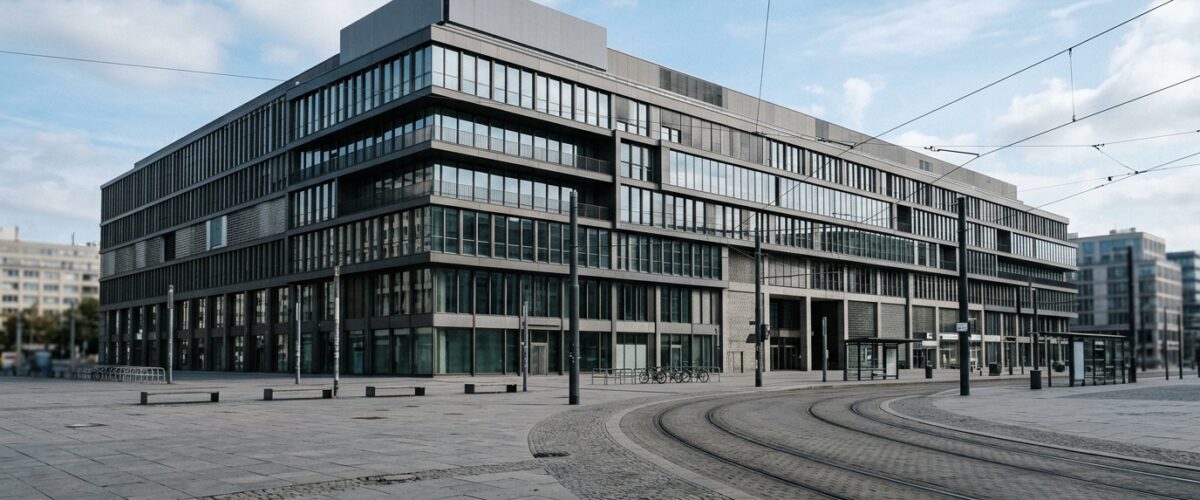 ZLB Alexanderplatz: Fassade des Warenhausgebäudes am Alexanderplatz in Berlin-Mitte bei Tageslicht, September 2026, menschenleer