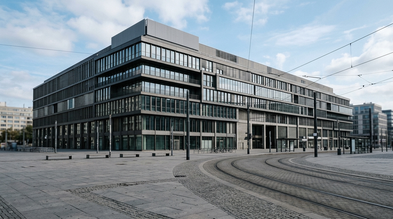ZLB Alexanderplatz: Fassade des Warenhausgebäudes am Alexanderplatz in Berlin-Mitte bei Tageslicht, September 2026, menschenleer