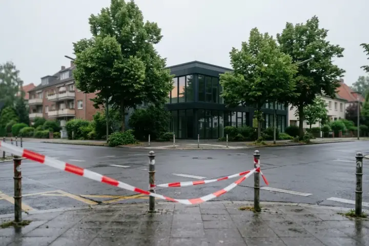 Rotes Absperrband flattert an einem Gehweg vor einem modernen Flachbau im morgendlichen Dunst.