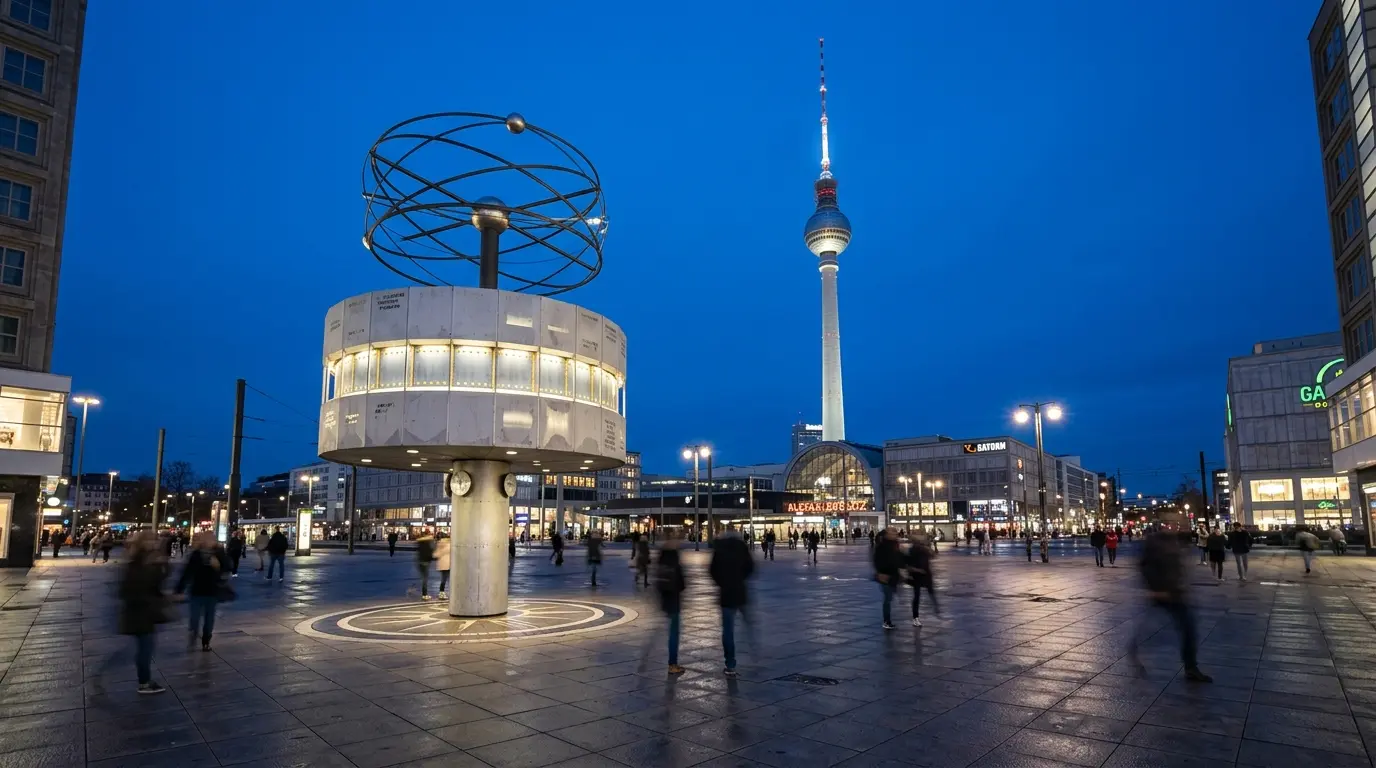 Alexanderplatz Sehenswürdigkeiten wie die Weltzeituhr und der beleuchtete Fernsehturm in der Berliner Abenddämmerung.