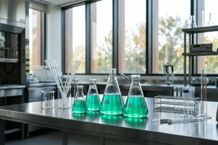 Glaskolben mit blau leuchtender Flüssigkeit und Pipetten auf einem Labortisch aus Edelstahl.