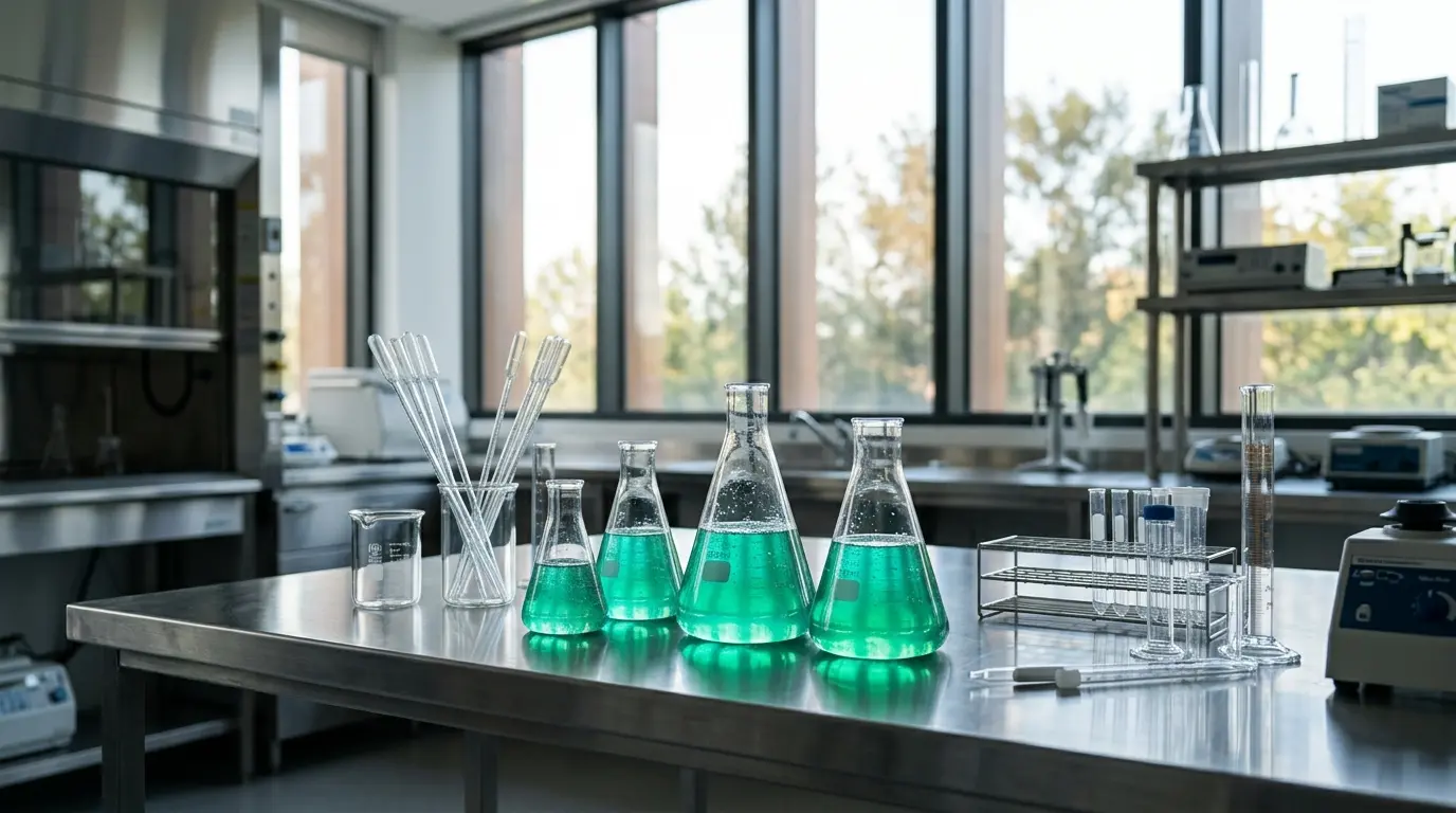 Glaskolben mit blau leuchtender Flüssigkeit und Pipetten auf einem Labortisch aus Edelstahl.