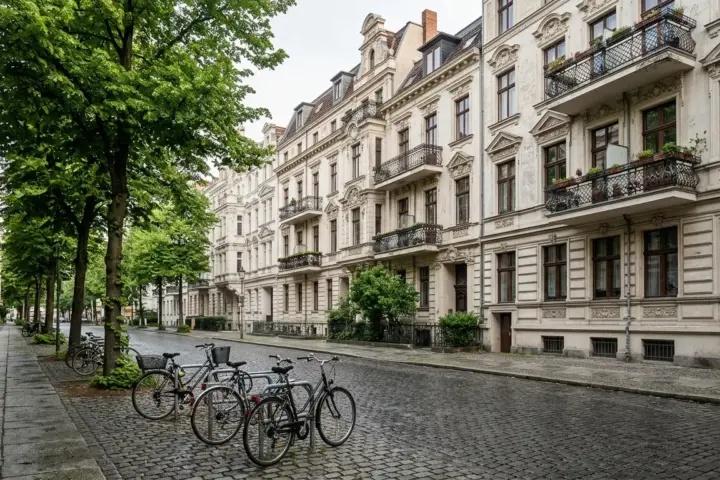 Altbauten mit Stuckfassaden und Fahrräder an einer Wohnstraße in einem der Milieuschutzgebiete Berlin.