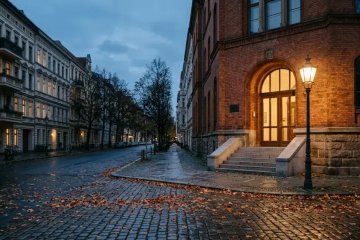 Gepflasterte Berliner Straßenecke in der Abenddämmerung mit Altbaufassaden und dem Eingang eines Ziegelgebäudes.