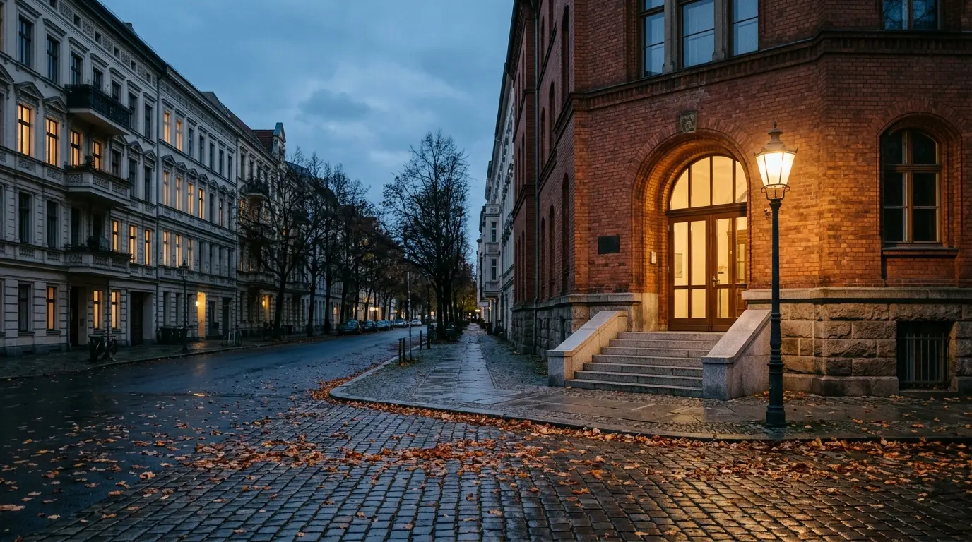 Gepflasterte Berliner Straßenecke in der Abenddämmerung mit Altbaufassaden und dem Eingang eines Ziegelgebäudes.