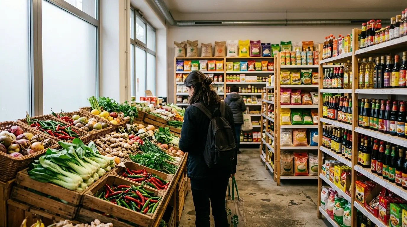 Frisches asiatisches Gemüse wie Pak Choi in Holzkisten im Gang eines Berliner Lebensmittelmarkts