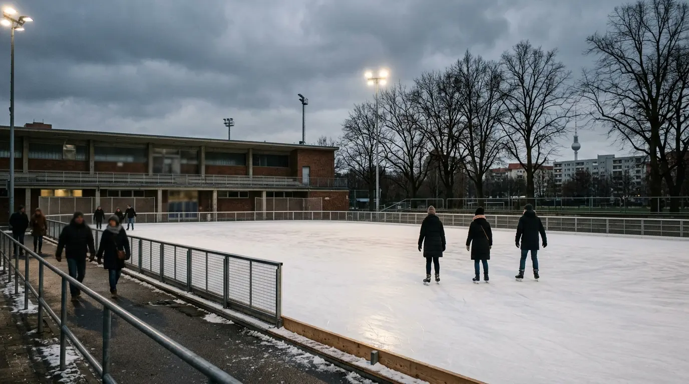 Große Außeneisfläche vor einem flachen Stadionbau in der Dämmerung mit wenigen Schlittschuhläufern im Flutlicht.